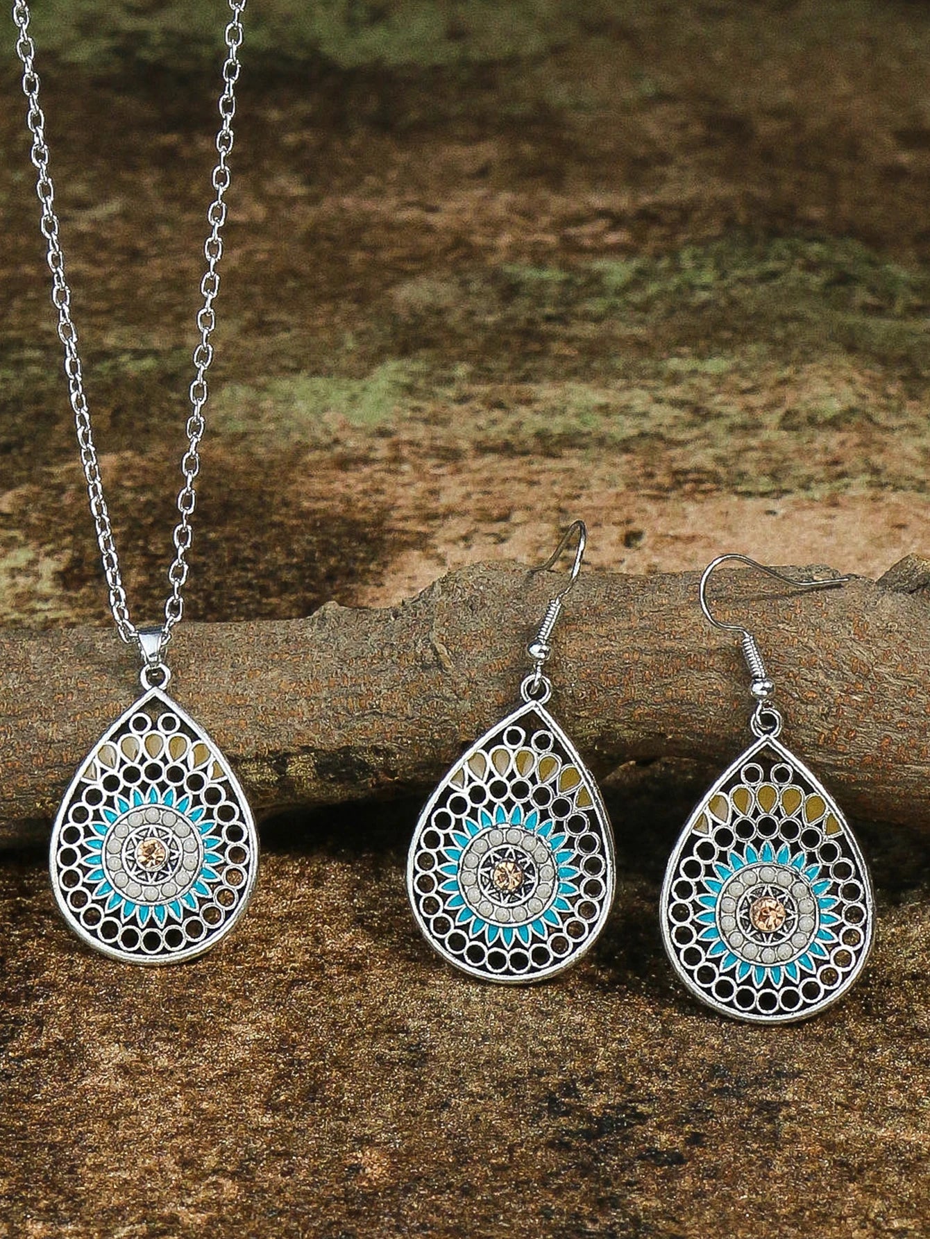 Ethnic Feng Shui Droplet Hollow Colored Glazed Earrings for Women Bohemian Vacation Short Necklace Jewelry Set Your Shop Mania