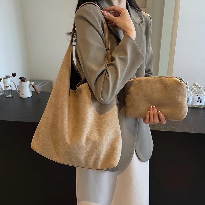 MOODS Casual Shoulder Tote Bag Set For Women 2-IN-1 Suede Pure Color Large Capacity Shopper Tote 2024 Winter New Handbags Female Your Shop Mania