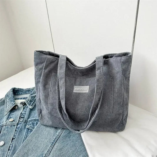 Large Capacity Shoulder Bag Trendy Corduroy Tote Bag Solid Color Ladies Handbag With Front Pocket Your Shop Mania