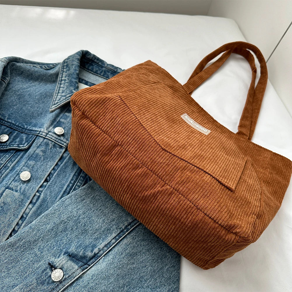 Large Capacity Shoulder Bag Trendy Corduroy Tote Bag Solid Color Ladies Handbag With Front Pocket Your Shop Mania