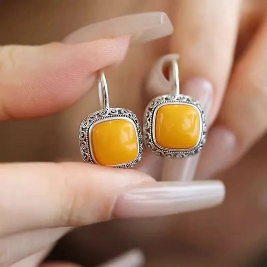silver 925 Tang Grass Auspicious Cloud Honey Wax earrings for women Retro Embossed yellow and red Square Earings Jewelry Your Shop Mania