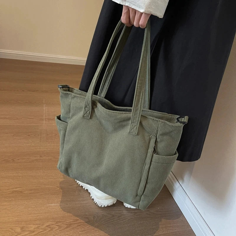 Fashionable Striped Velvet Handbag Simple Style Corduroy Shoulder Bag Solid Color Large Capacity Commuting Women's Tote Bag Your Shop Mania