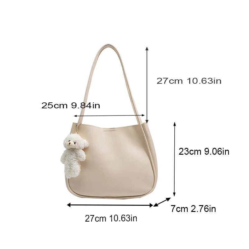 Simple And Casual New Popular PU Leather Versatile Shoulder Underarm Bag Small Fresh Solid Color Bear Pendant Handbag Your Shop Mania