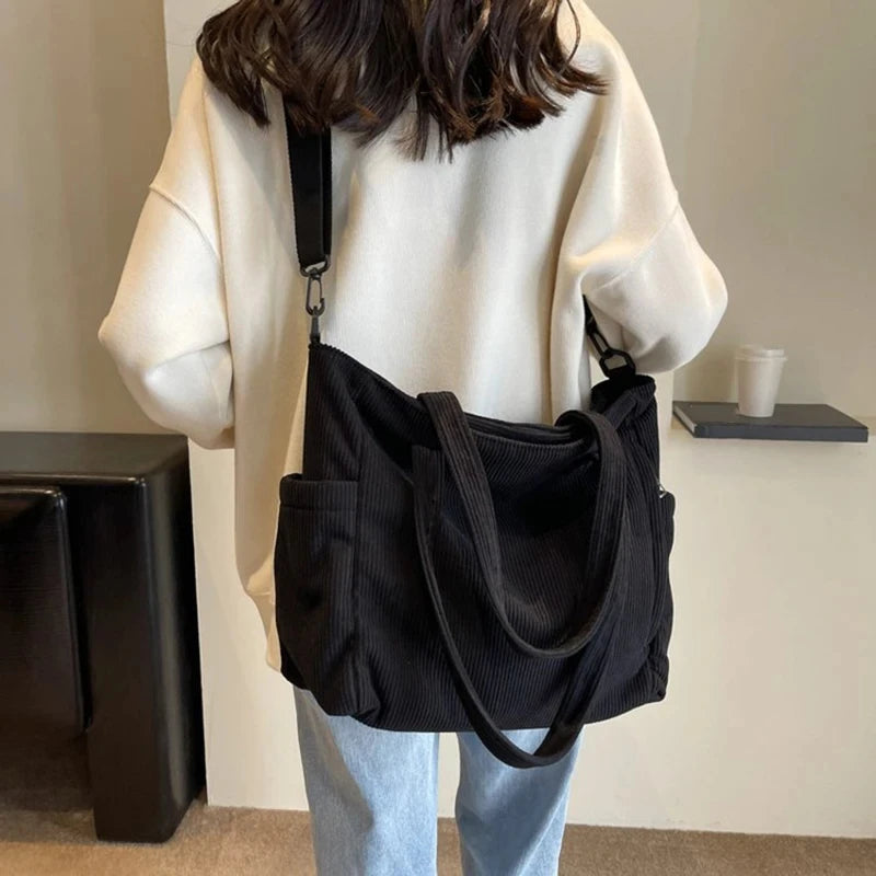 Fashionable Striped Velvet Handbag Simple Style Corduroy Shoulder Bag Solid Color Large Capacity Commuting Women's Tote Bag Your Shop Mania