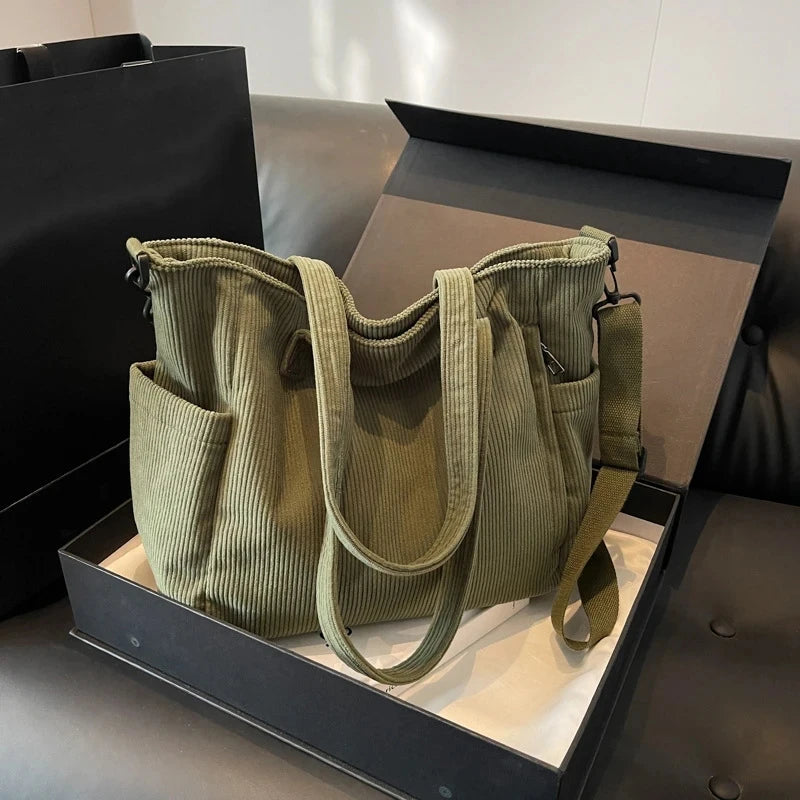 Fashionable Striped Velvet Handbag Simple Style Corduroy Shoulder Bag Solid Color Large Capacity Commuting Women's Tote Bag Your Shop Mania