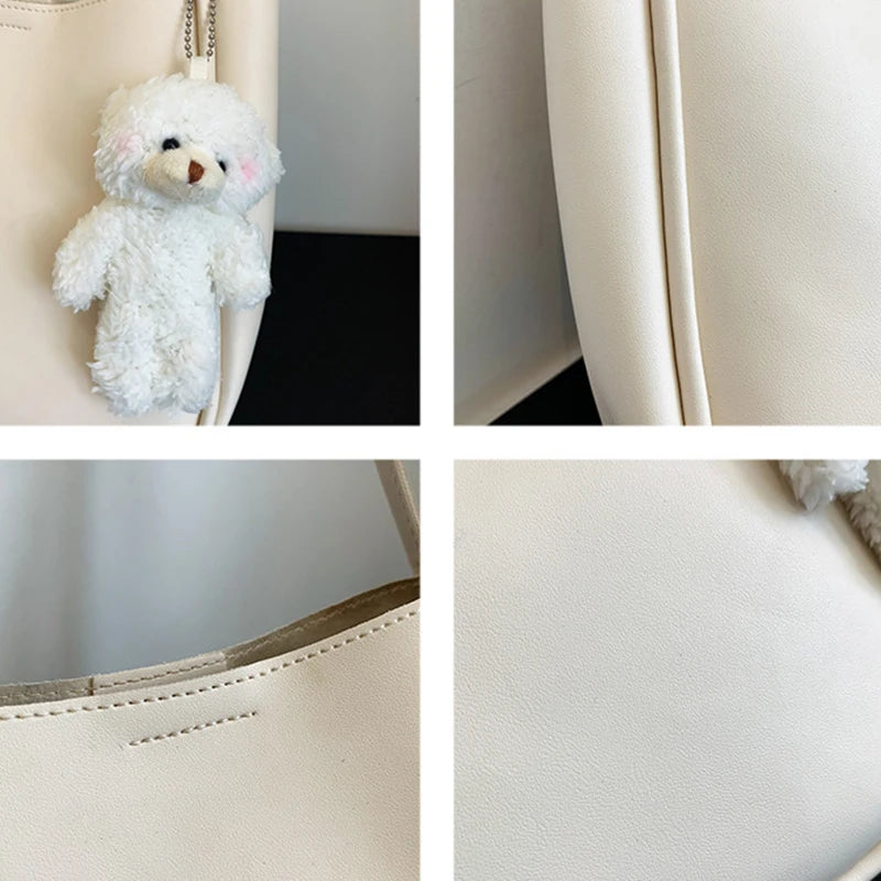 Simple And Casual New Popular PU Leather Versatile Shoulder Underarm Bag Small Fresh Solid Color Bear Pendant Handbag Your Shop Mania