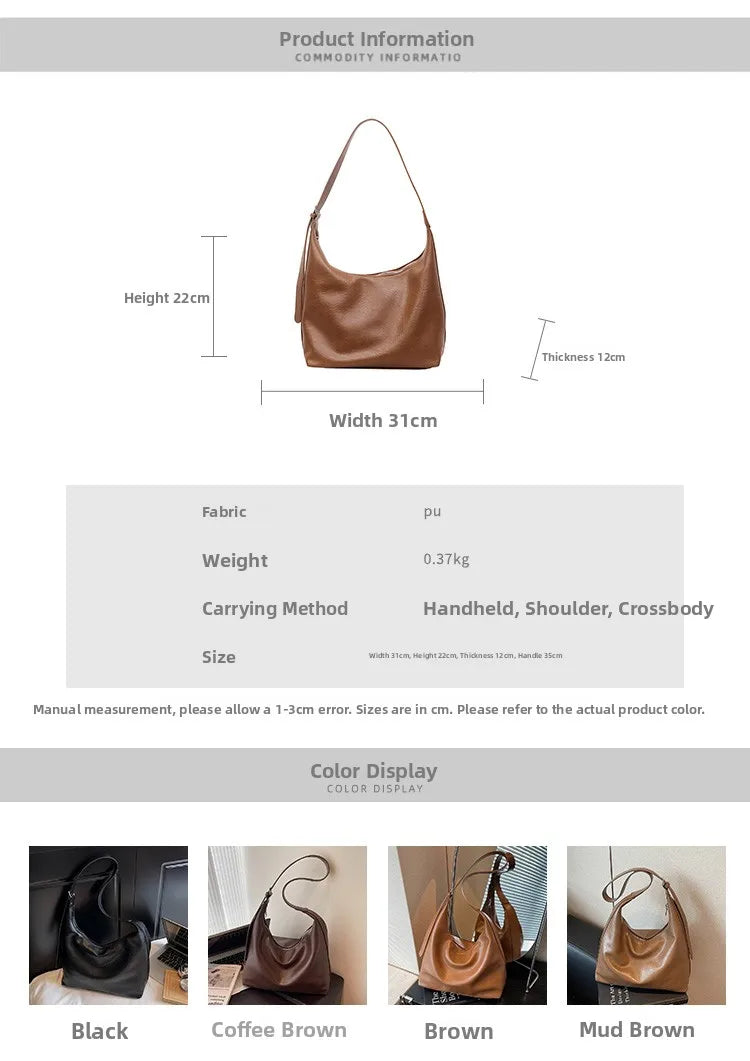 Fall New Large Capaci Pure Color Soft Leather Tote Bag Women's Versatile Single oulder Underarm Bag for Commuting And o... Your Shop Mania