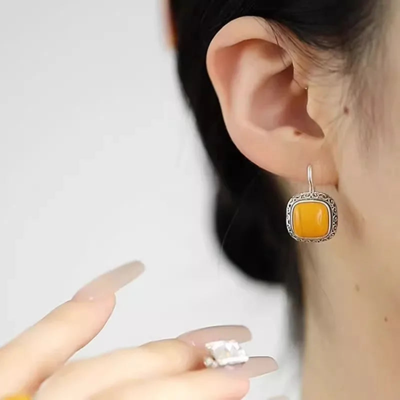 silver 925 Tang Grass Auspicious Cloud Honey Wax earrings for women Retro Embossed yellow and red Square Earings Jewelry Your Shop Mania