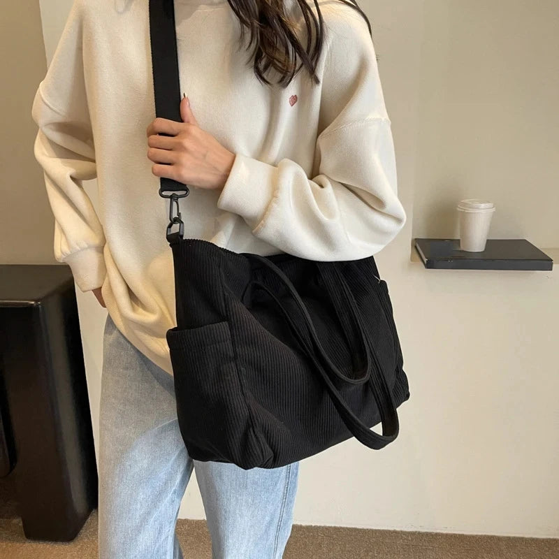 Fashionable Striped Velvet Handbag Simple Style Corduroy Shoulder Bag Solid Color Large Capacity Commuting Women's Tote Bag Your Shop Mania