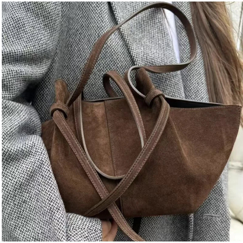 Brand Suede Design Shoulder Bag New Luxury Retro Women's Tote Bag Solid Color Genuine Leather Texture Large Capacity Handbag Your Shop Mania