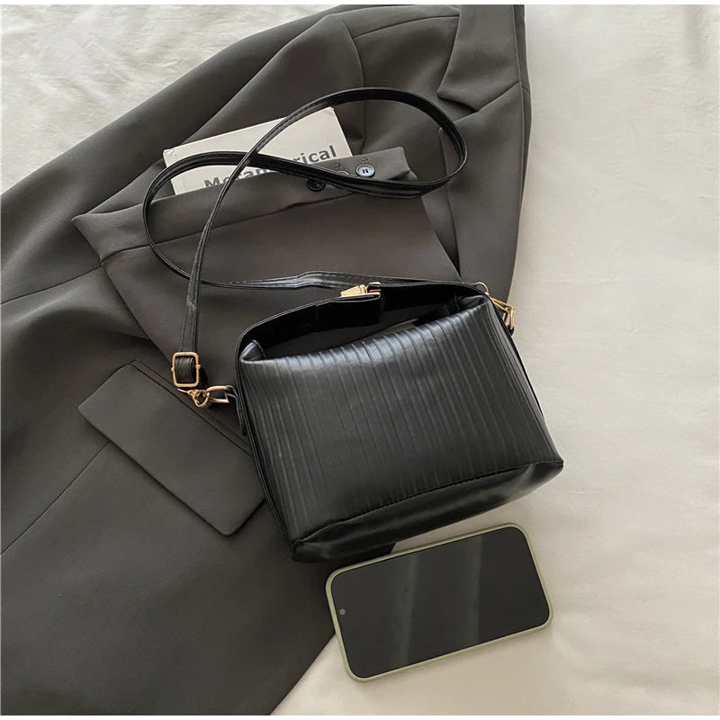 Vertical Striped Crossbody Shoulder Bag,PU Contrast Color Lunch Box Bowling Bag,Effortless Chic Sling Bag,Women Everday Handbag Your Shop Mania