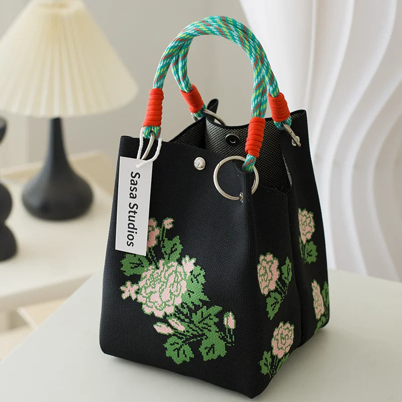 Korean Sle Knitted Tote Bag Large Capaci Portable Handbag Commuter Buet Bag Cute Floral Pattern Women's Handbag Your Shop Mania