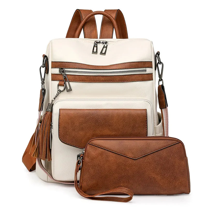 Backpack for Women Large Womens Backpack Leather Travel Fashion Purse Designer Ladies Shoulder Bags with Tassel Two-toned Brown Your Shop Mania