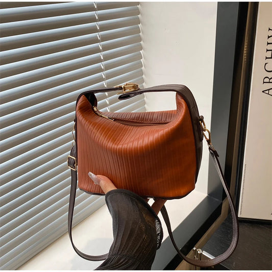 Vertical Striped Crossbody Shoulder Bag,PU Contrast Color Lunch Box Bowling Bag,Effortless Chic Sling Bag,Women Everday Handbag Your Shop Mania