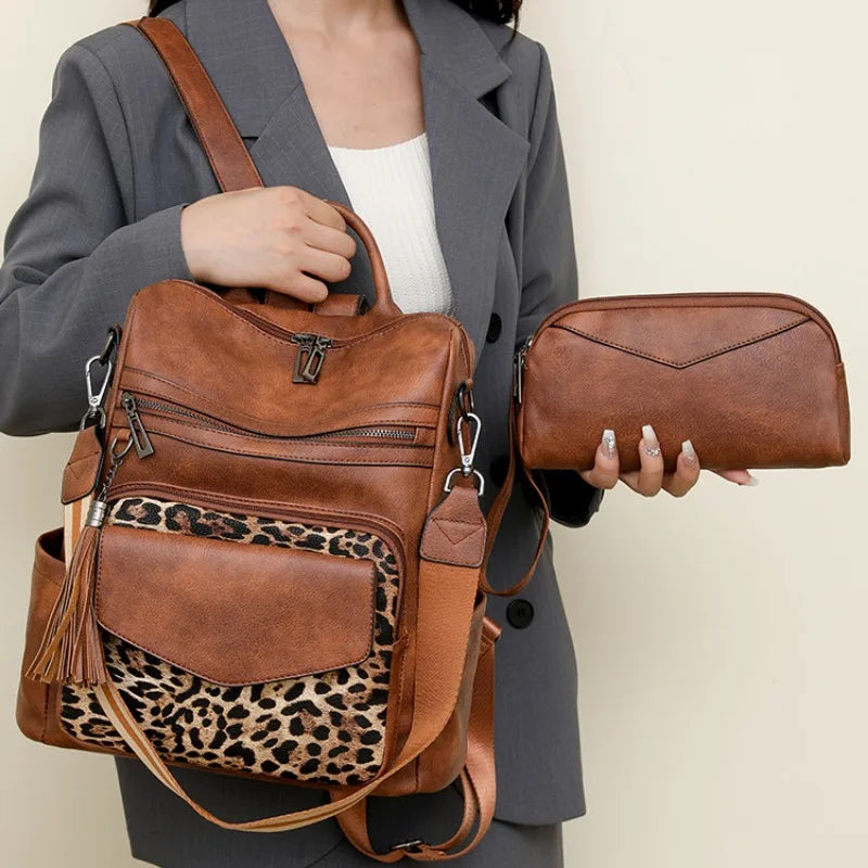 Backpack for Women Large Womens Backpack Leather Travel Fashion Purse Designer Ladies Shoulder Bags with Tassel Two-toned Brown Your Shop Mania