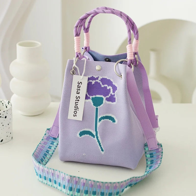 Korean Sle Knitted Tote Bag Large Capaci Portable Handbag Commuter Buet Bag Cute Floral Pattern Women's Handbag Your Shop Mania