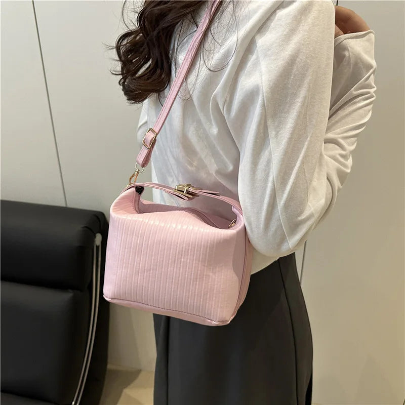 Vertical Striped Crossbody Shoulder Bag,PU Contrast Color Lunch Box Bowling Bag,Effortless Chic Sling Bag,Women Everday Handbag Your Shop Mania