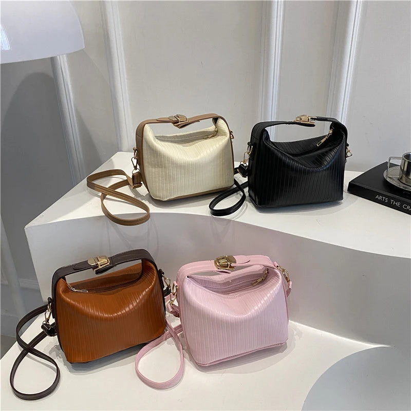 Vertical Striped Crossbody Shoulder Bag,PU Contrast Color Lunch Box Bowling Bag,Effortless Chic Sling Bag,Women Everday Handbag Your Shop Mania