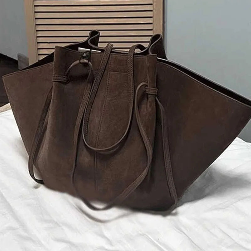 Brand Suede Design Shoulder Bag New Luxury Retro Women's Tote Bag Solid Color Genuine Leather Texture Large Capacity Handbag Your Shop Mania