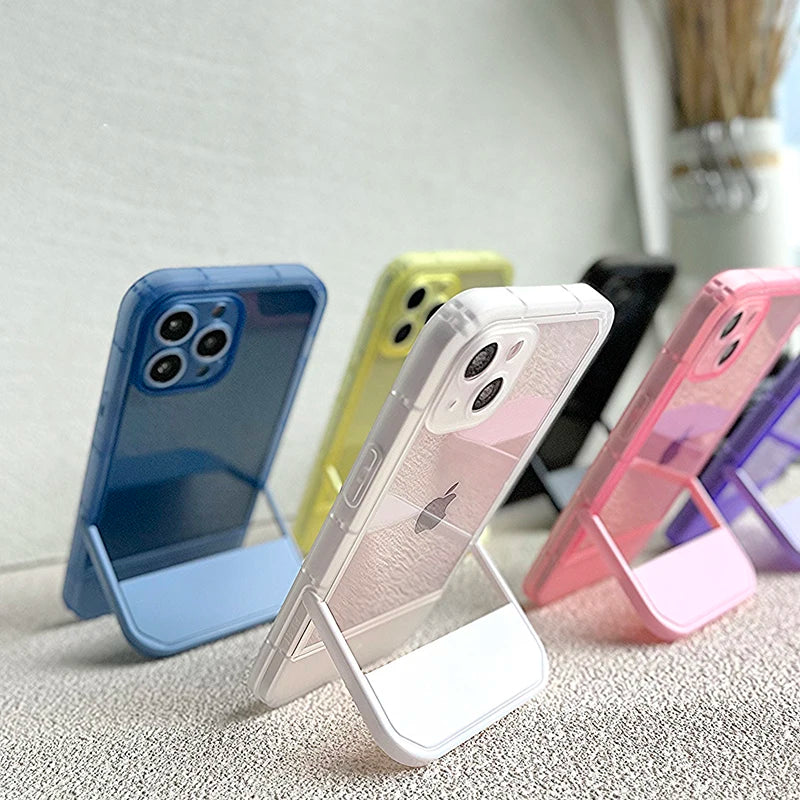 Luxury Holder Stand Bracket Transparent Phone Case For iPhone 11 12 13 14 15 16 Pro Max  X XS XR 7 8 Plus Clear Silicone Cover