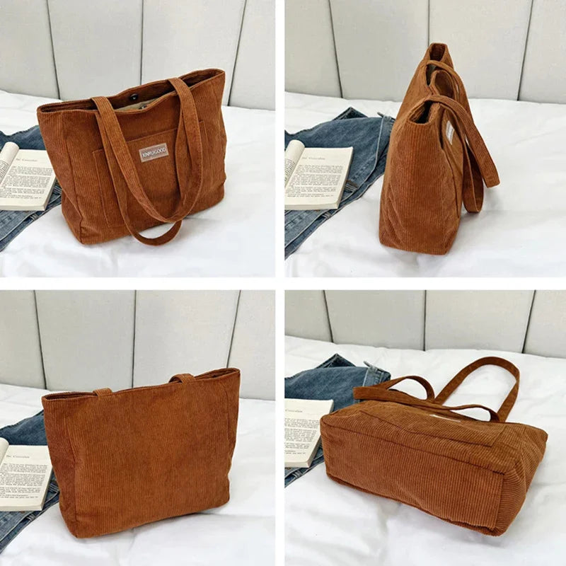 Large Capacity Shoulder Bag Trendy Corduroy Tote Bag Solid Color Ladies Handbag With Front Pocket Your Shop Mania