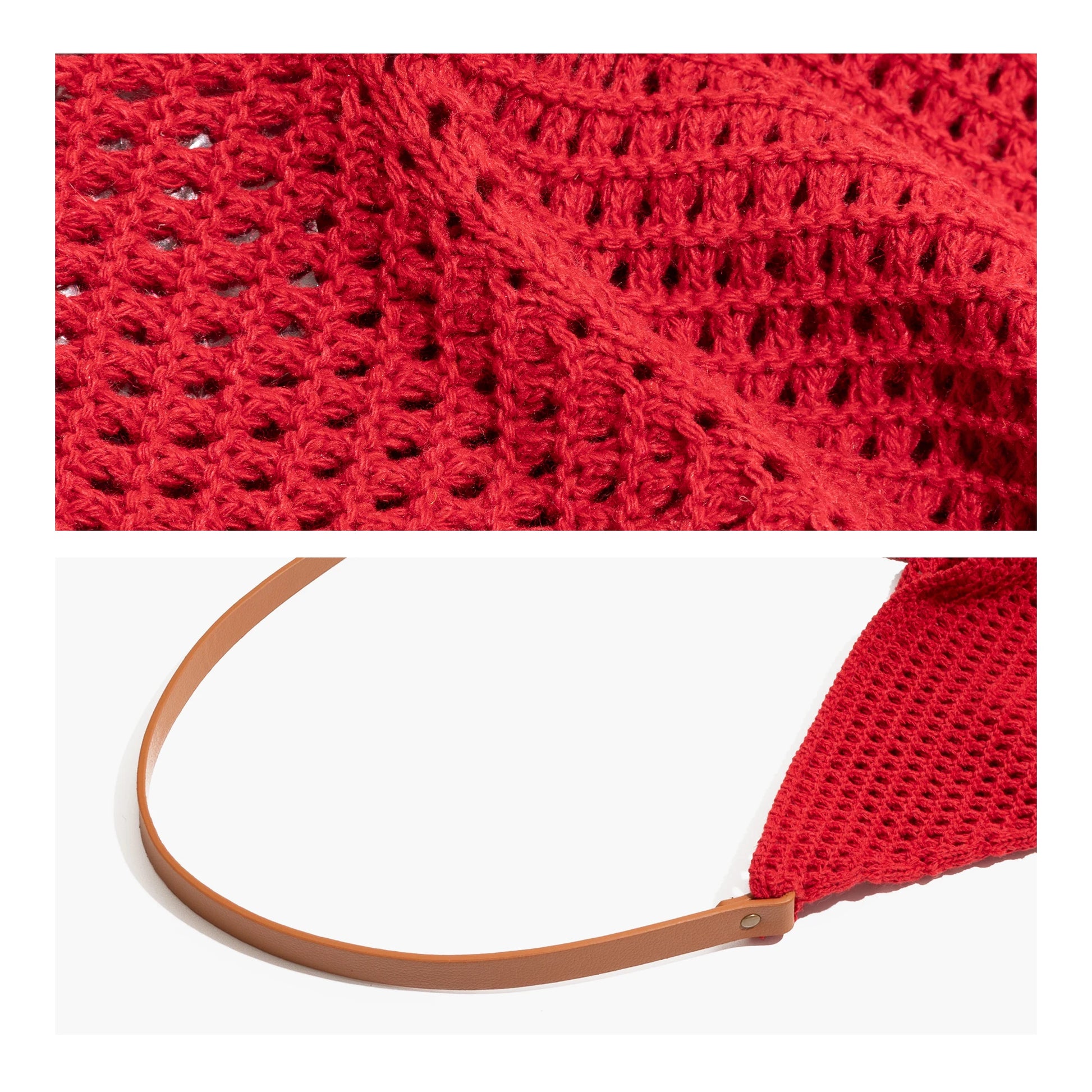 CKKUI Cotton Rope Knitted Crochet Shoulder Shopping Purses With PU Leather Top Handle Korean Style Simple Red Large Capacity Bag Your Shop Mania
