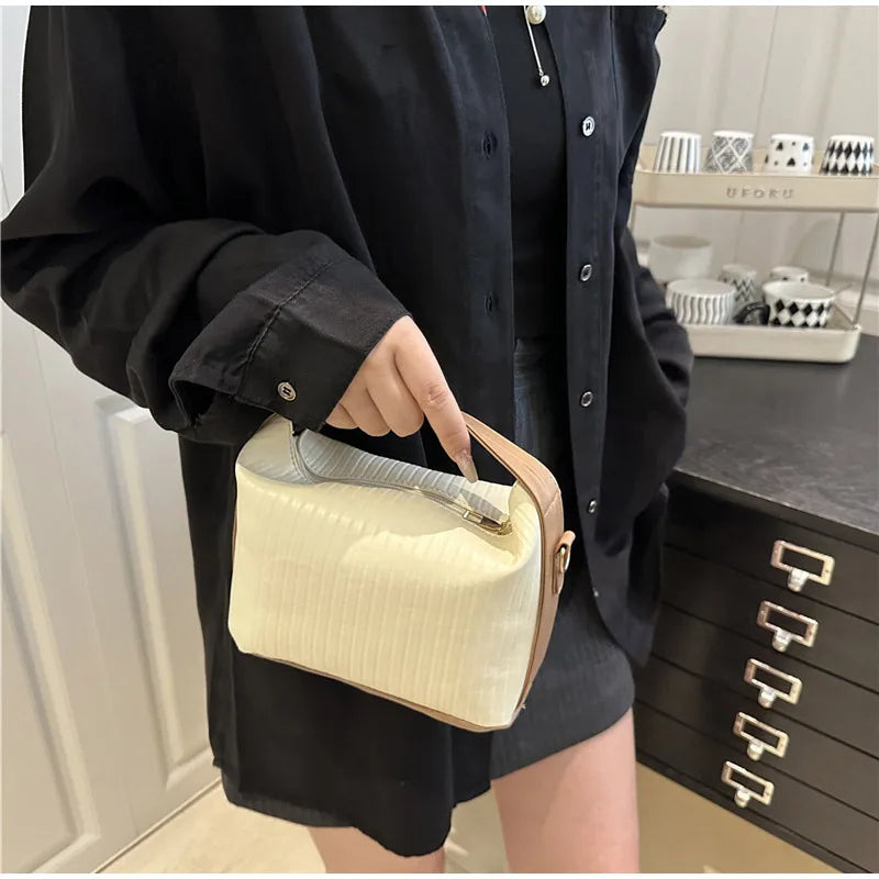 Vertical Striped Crossbody Shoulder Bag,PU Contrast Color Lunch Box Bowling Bag,Effortless Chic Sling Bag,Women Everday Handbag Your Shop Mania