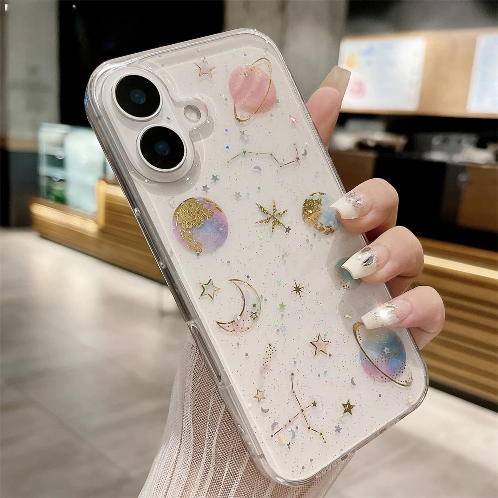 Luxury Crystal Glitter Sequin Transparent Case For iPhone 16 15 14 Pro Max Plus 13 12 11 XR X XS 7 8 SE 16ProMax Planet Cover