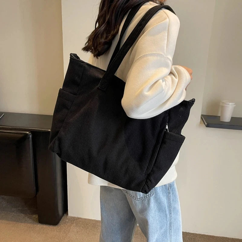 Fashionable Striped Velvet Handbag Simple Style Corduroy Shoulder Bag Solid Color Large Capacity Commuting Women's Tote Bag Your Shop Mania