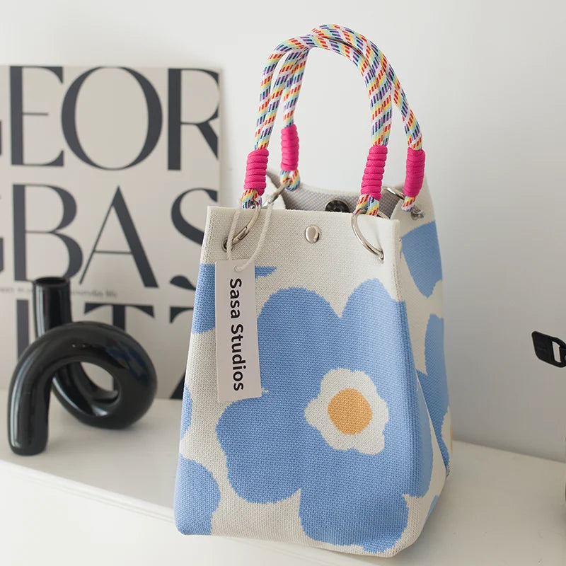 Korean Sle Knitted Tote Bag Large Capaci Portable Handbag Commuter Buet Bag Cute Floral Pattern Women's Handbag Your Shop Mania