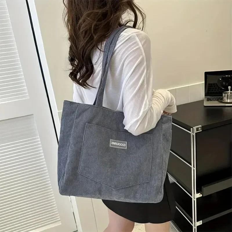Large Capacity Shoulder Bag Trendy Corduroy Tote Bag Solid Color Ladies Handbag With Front Pocket Your Shop Mania