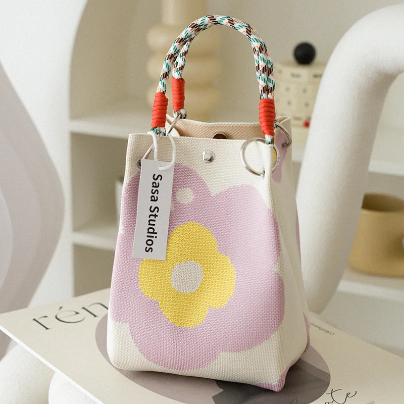 Korean Sle Knitted Tote Bag Large Capaci Portable Handbag Commuter Buet Bag Cute Floral Pattern Women's Handbag Your Shop Mania