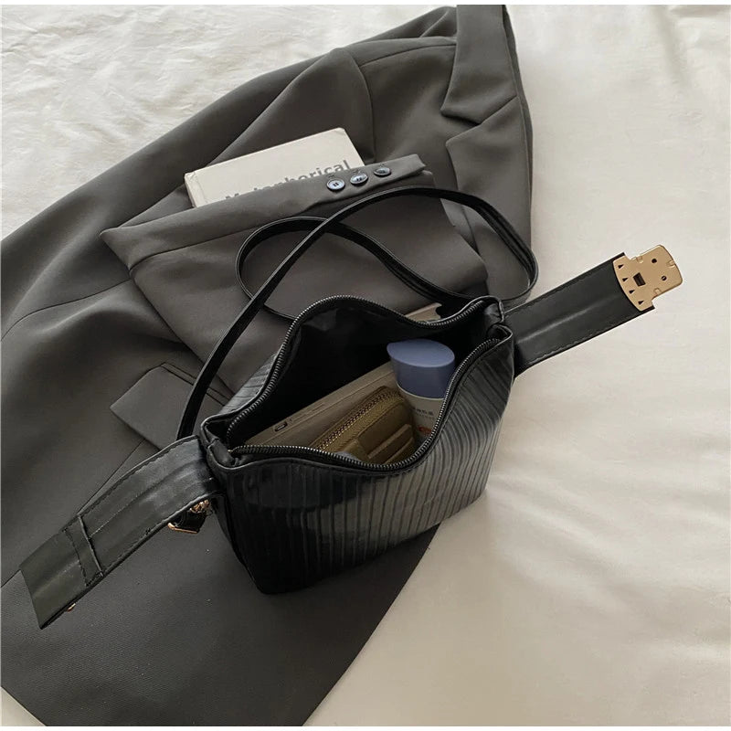 Vertical Striped Crossbody Shoulder Bag,PU Contrast Color Lunch Box Bowling Bag,Effortless Chic Sling Bag,Women Everday Handbag Your Shop Mania