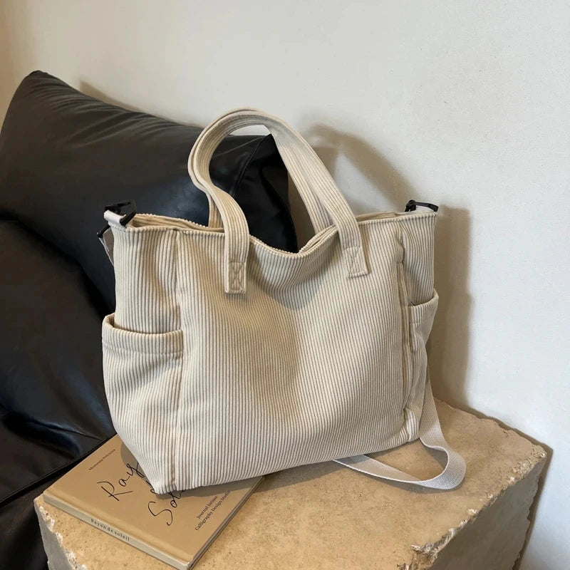 Fashionable Striped Velvet Handbag Simple Style Corduroy Shoulder Bag Solid Color Large Capacity Commuting Women's Tote Bag Your Shop Mania