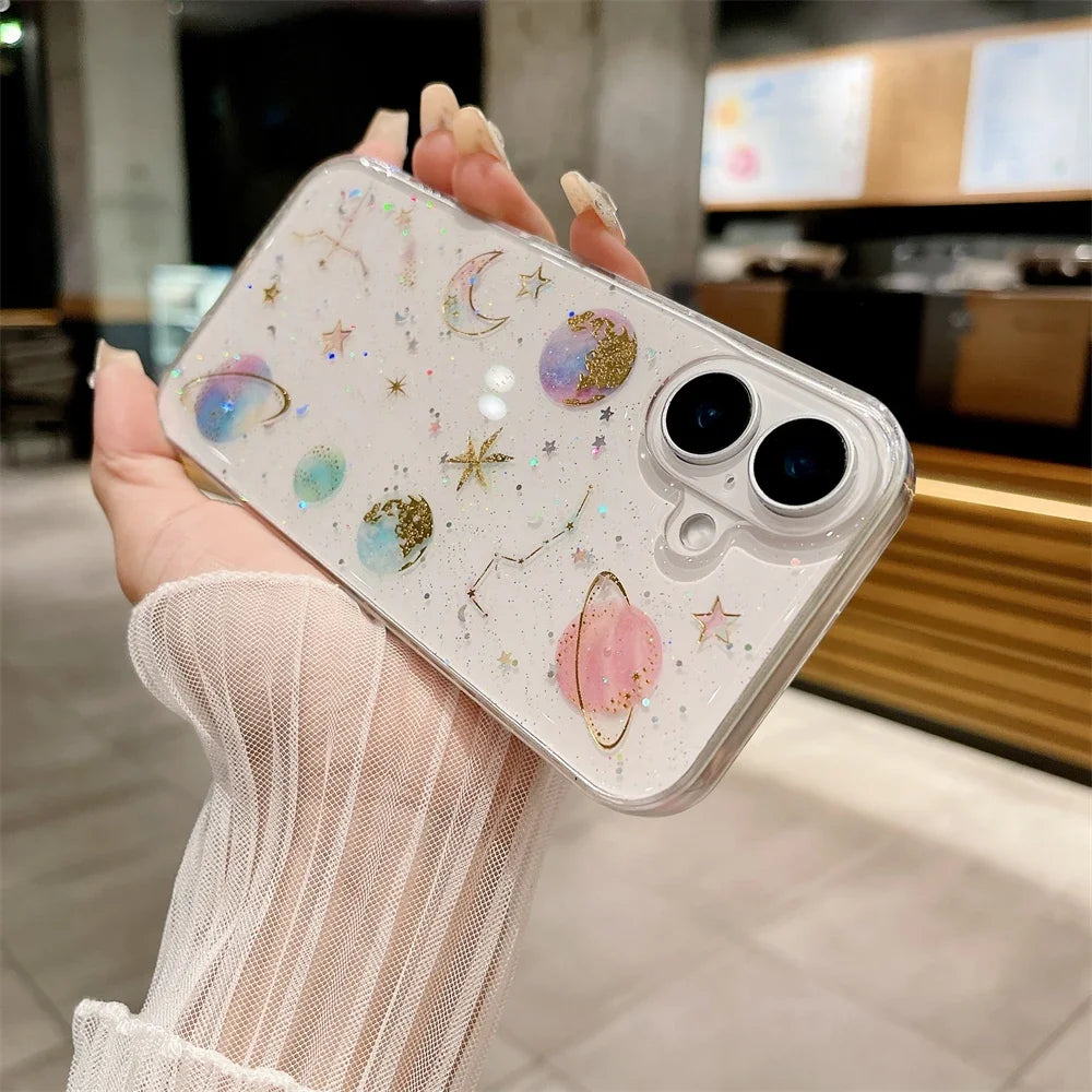 Luxury Crystal Glitter Sequin Transparent Case For iPhone 16 15 14 Pro Max Plus 13 12 11 XR X XS 7 8 SE 16ProMax Planet Cover