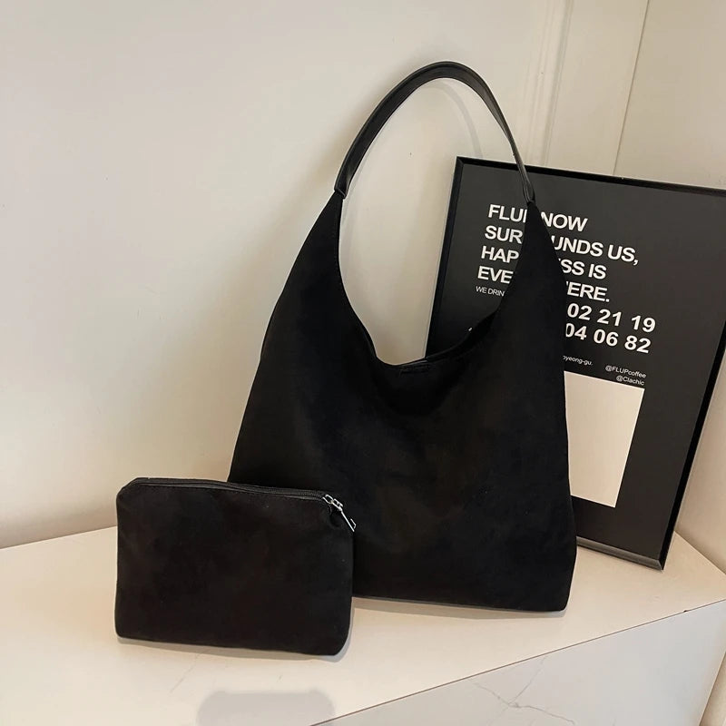 MOODS Casual Shoulder Tote Bag Set For Women 2-IN-1 Suede Pure Color Large Capacity Shopper Tote 2024 Winter New Handbags Female Your Shop Mania