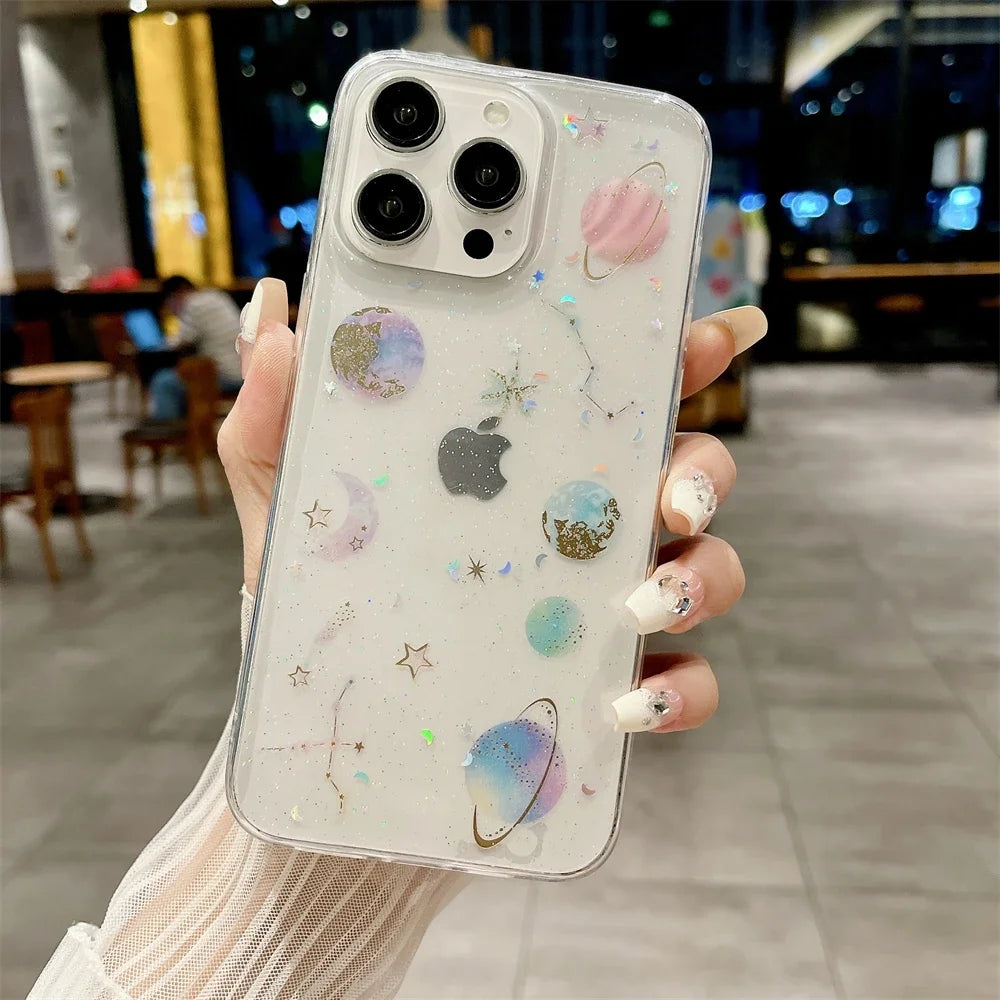 Luxury Crystal Glitter Sequin Transparent Case For iPhone 16 15 14 Pro Max Plus 13 12 11 XR X XS 7 8 SE 16ProMax Planet Cover