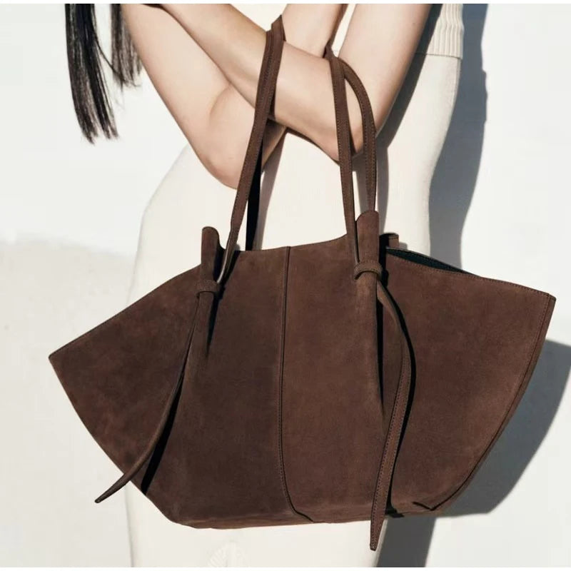 Brand Suede Design Shoulder Bag New Luxury Retro Women's Tote Bag Solid Color Genuine Leather Texture Large Capacity Handbag Your Shop Mania