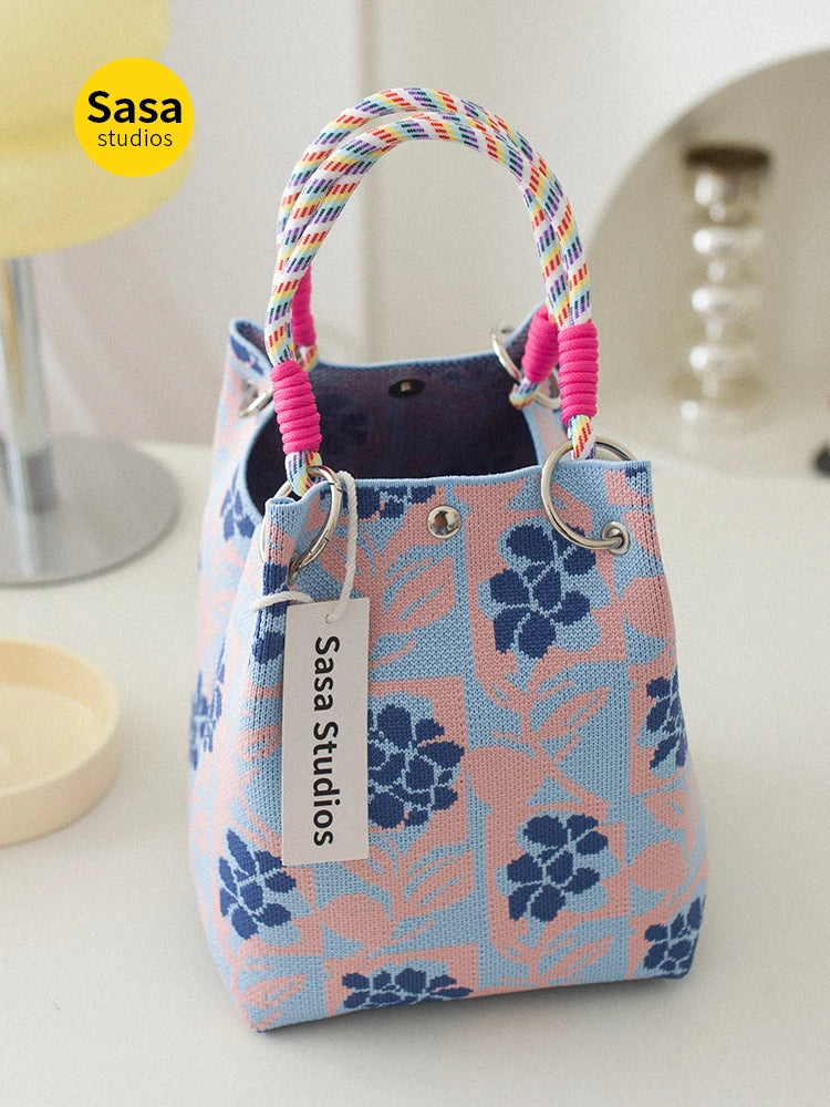 Korean Sle Knitted Tote Bag Large Capaci Portable Handbag Commuter Buet Bag Cute Floral Pattern Women's Handbag Your Shop Mania