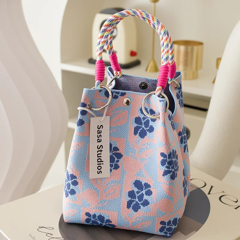 Korean Sle Knitted Tote Bag Large Capaci Portable Handbag Commuter Buet Bag Cute Floral Pattern Women's Handbag Your Shop Mania