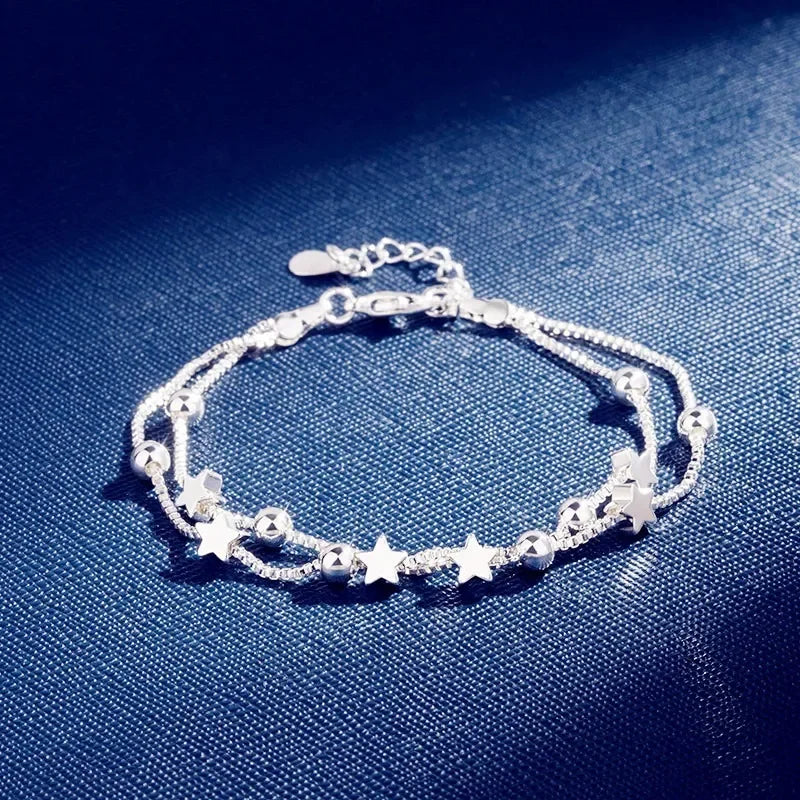 Sterling Silver Double Layers Stars Beads Bracelets for Women Elegant Box Chain Charm Bracelet Birthday Party Gift Your Shop Mania