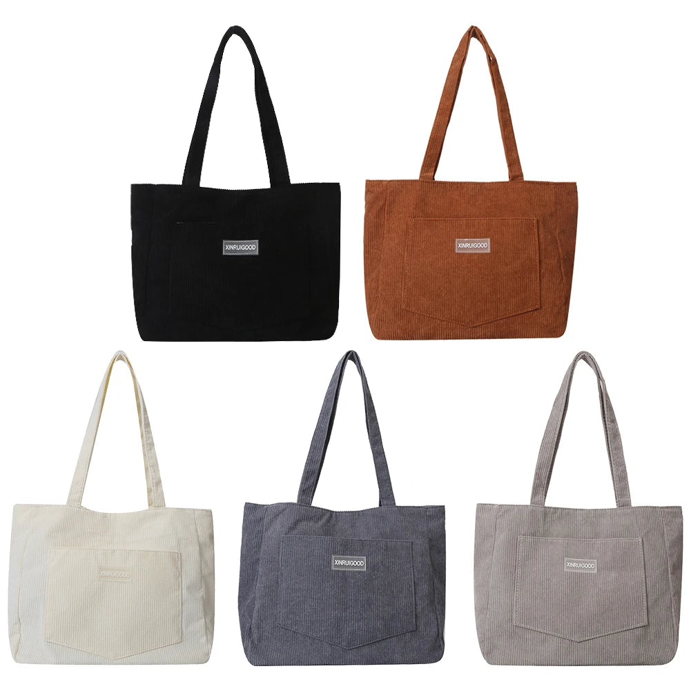 Large Capacity Shoulder Bag Trendy Corduroy Tote Bag Solid Color Ladies Handbag With Front Pocket Your Shop Mania