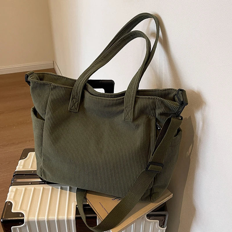 Fashionable Striped Velvet Handbag Simple Style Corduroy Shoulder Bag Solid Color Large Capacity Commuting Women's Tote Bag Your Shop Mania