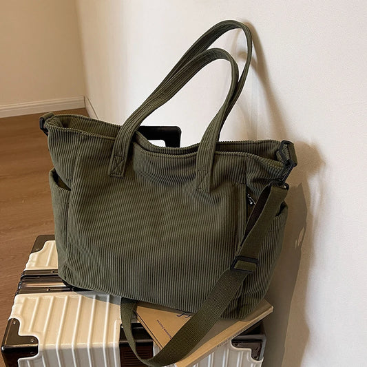 Fashionable Striped Velvet Handbag Simple Style Corduroy Shoulder Bag Solid Color Large Capacity Commuting Women's Tote Bag Your Shop Mania