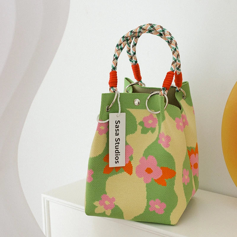 Korean Sle Knitted Tote Bag Large Capaci Portable Handbag Commuter Buet Bag Cute Floral Pattern Women's Handbag Your Shop Mania