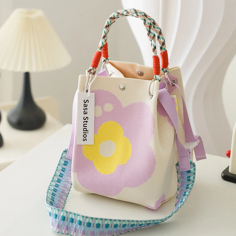 Korean Sle Knitted Tote Bag Large Capaci Portable Handbag Commuter Buet Bag Cute Floral Pattern Women's Handbag Your Shop Mania