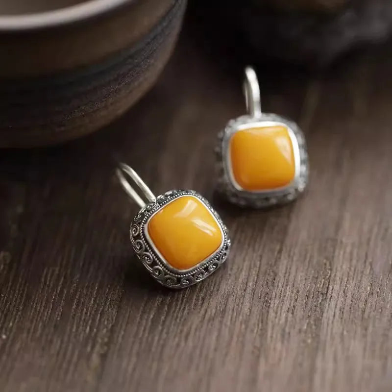 silver 925 Tang Grass Auspicious Cloud Honey Wax earrings for women Retro Embossed yellow and red Square Earings Jewelry Your Shop Mania