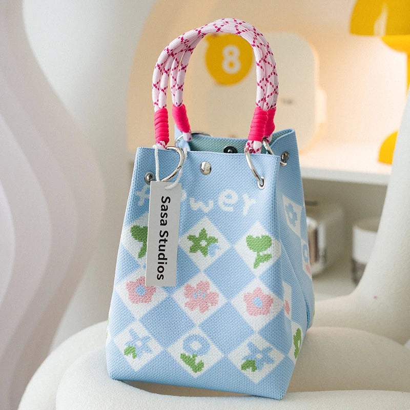 Korean Sle Knitted Tote Bag Large Capaci Portable Handbag Commuter Buet Bag Cute Floral Pattern Women's Handbag Your Shop Mania