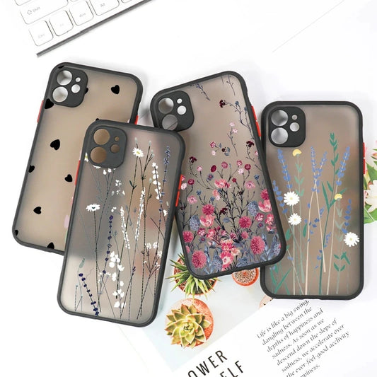 Flower Hard Matte Back Phone Case For iPhone 16 15 14 13 12 11 Pro Max XS X 7 8 Plus Clear Shockproof Sotf Silicone Bumper Cover