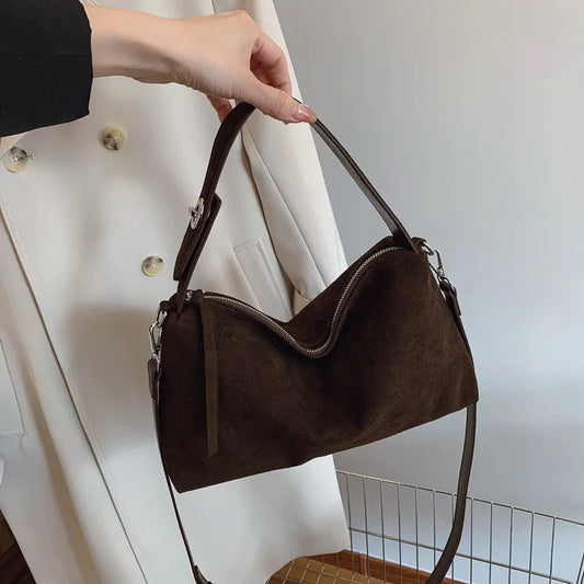 New Fashion Simple Fall Winter Spacious Boston Tote Bag Soft Matte Suede Design Women's Large Capacity Portable Hand Strap Bag Your Shop Mania